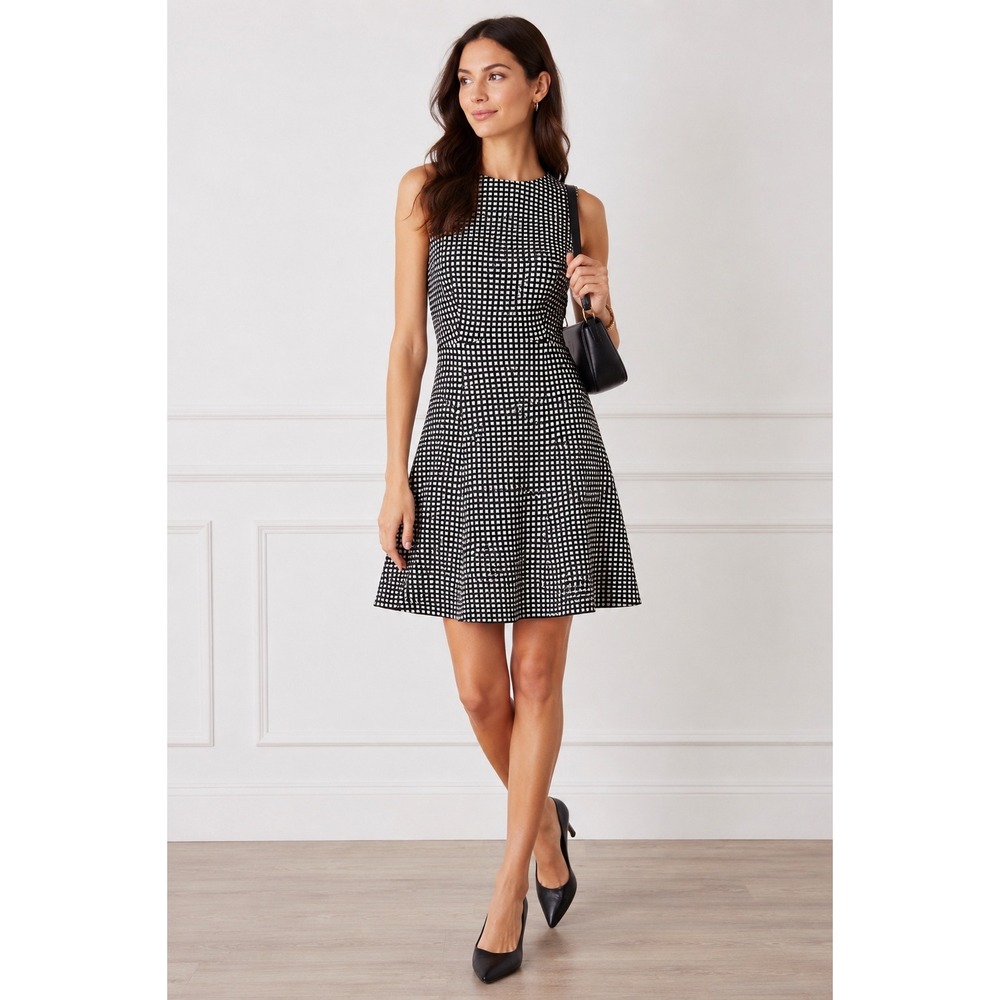 Amanda Uprichard Black White Textured Grid Fit & Flare Dress Sz S Academia Mod
